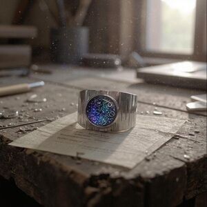 Sterling Silver Adjustable Ring with Purple Blue Dichroic Glass Centerpiece